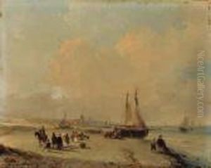 Elegant Figures On The Beach Welcoming The Fleet, With Scheveningenbeyond by Andreas Schelfhout