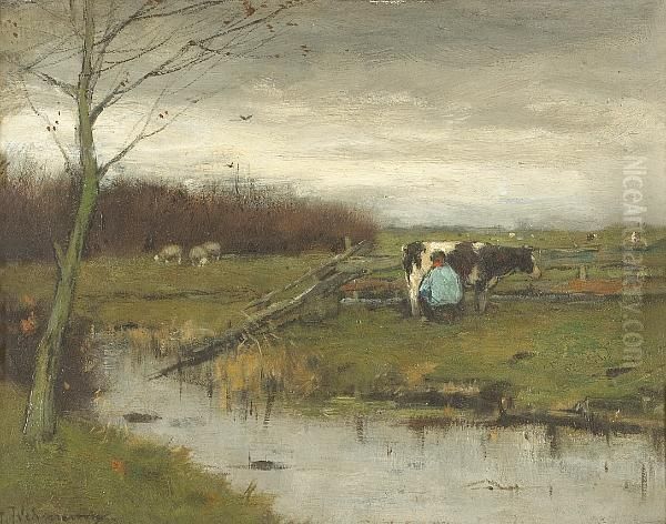 A River Landscape With A Figure Milking A Cow - view 1