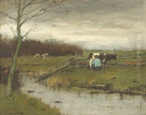 A River Landscape With A Figure Milking A Cow by Johan Frederik Corn. Scherrewitz