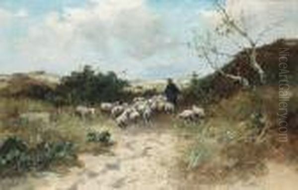 Shepherd And Sheep On A Country Path - view 1