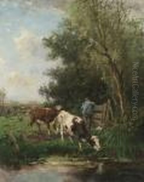 Cattle And Drover Beside A Stream - view 1