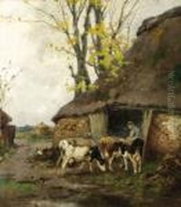 A Farmer And Cows By A Stable