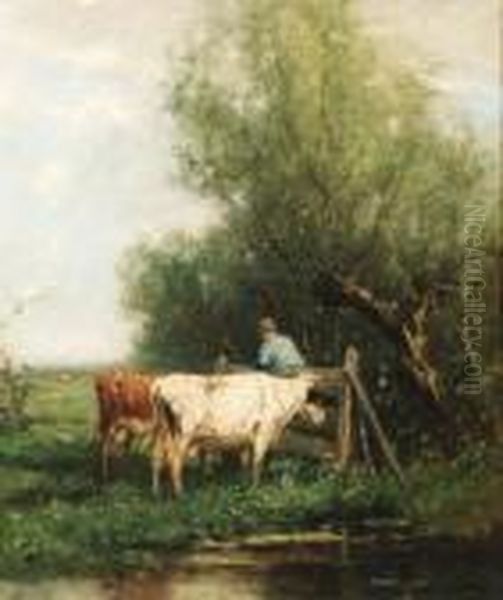Cows On A Riverbank With A Peasant At A Gate - view 1