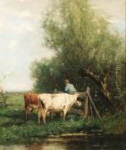 Cows On A Riverbank With A Peasant At A Gate