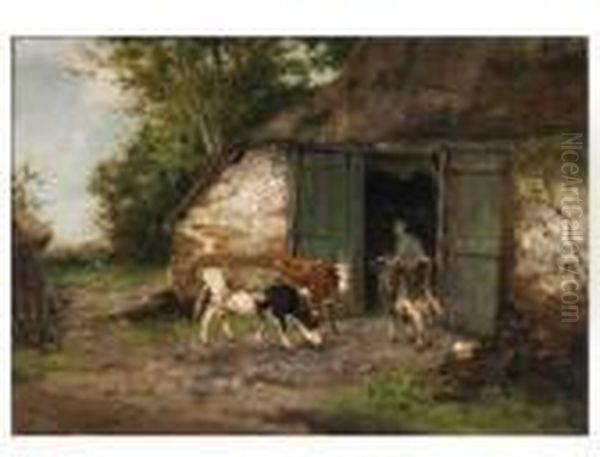 Farmer And Cattle By A Stable - view 1