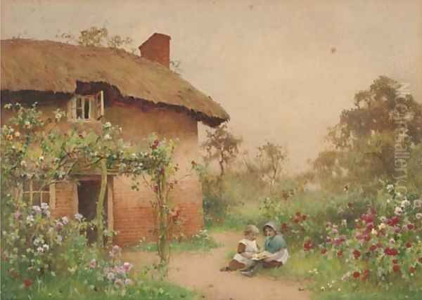 Children playing before a cottage - view 1