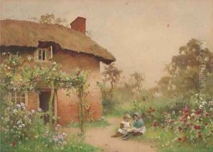 Children playing before a cottage by Benjamin D. Sigmund