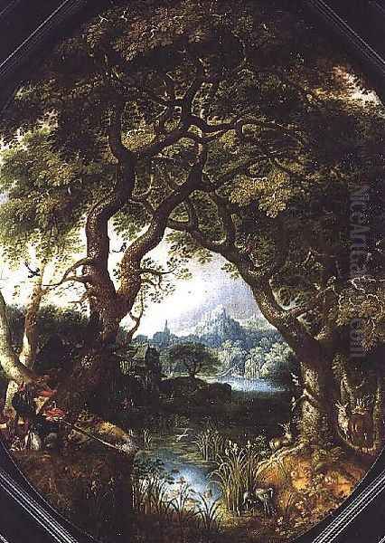 A Wooded Landscape with Hunters by a Stream - view 1