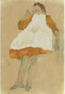 Kind In Orangefarbenem Kleid Mit Weisser Schurze by Egon Schiele