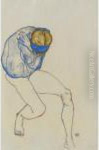 Blonder Madchenhalbakt Mit Blauem Hemd Und Blauem Haarband by Egon Schiele