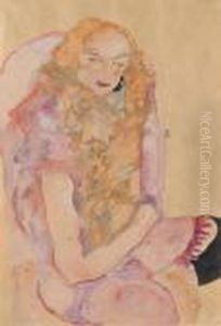 Sitzende Frau Mit Langem Haar Im Pinken Und Gelben Kleid by Egon Schiele