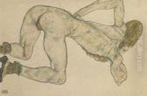 Gebeugter Akt, Den Linken Arm Auf Der Hufte by Egon Schiele