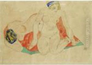 Liegende Und Sitzende Weibliche
Akte Auf Rot-grunem Tuch (recliningand Seated Female Nudes On A Red And
Green Cloth) by Egon Schiele