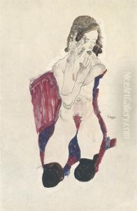 Sitzendes Madchen Mit Schwarzen Strumpfen Und Vorgehaltenenhanden by Egon Schiele