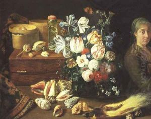 Still Life, flowers, shells, snakes, bird and a standing woman by Pieter Snyers