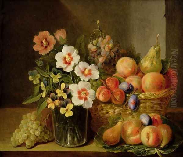 Still life of flowers in a vase and fruit in a basket - view 1