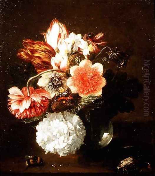 Glass Vase of Flowers with a Butterfly and a Bumble Bee - view 1