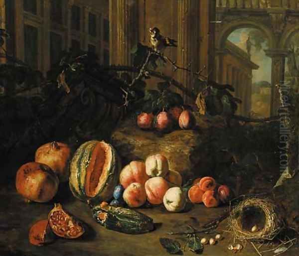 Plums on the branch, peaches, apricots, a melon, pomegranates, a nest with eggs and a goldfinch by classical buildings, a landscape beyond - view 1