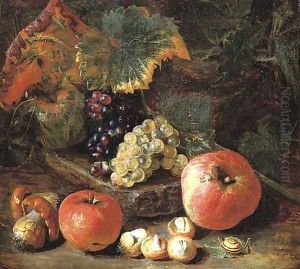 Grapes and vine leaves on a stone ledge with apples, mushrooms and a snail by Pieter Snyers