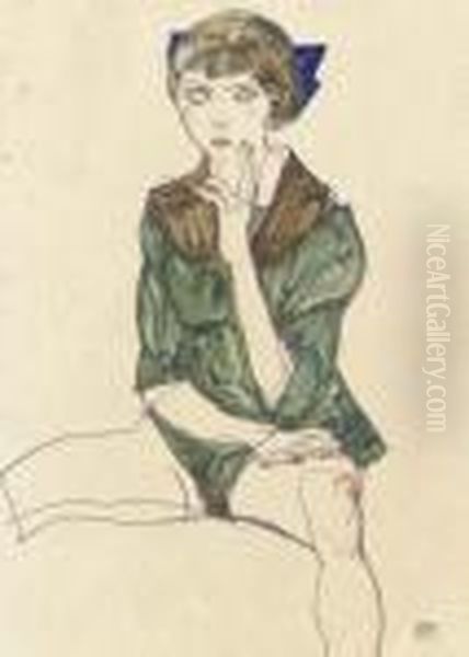 Sitzender Weiblicher Halbakt In Gruner Bluse - view 1