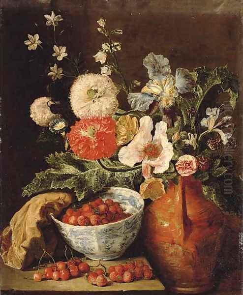 Wild strawberries in a blue and white porcelain bowl, carnations, irises, and other flowers in an earthenware jug on a stone ledge - view 1