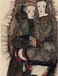 Zwei Madchen Auf Einer Fransendecke by Egon Schiele