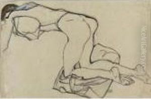 Nacktes Madchen, Mit Einer
Blauen Bluse Leicht Bekleidet, Auf Einem Tuch Kniend (nude Girl,
Scantily Dressed In A Blue Blouse, Kneeling On A Cloth) by Egon Schiele