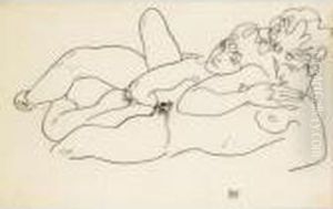 Zwei Liegende Akte (two Reclining Nudes) by Egon Schiele