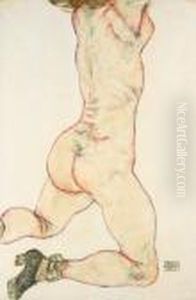 Kniender Weiblicher Akt Ruckansicht by Egon Schiele