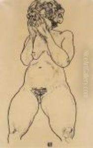 Madchenakt En Face, Hande Vor Dem Gesicht by Egon Schiele