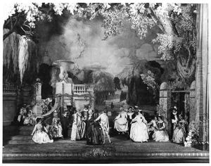 Scene from Masques et Bergamasques by Gabriel Faure 1845-1924 at the Opera Comique in Paris, 1920 by Sabourin