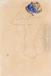Sitzender Weiblicher Akt Mit 
Blauem Kopfband, Die Hande Erhoben (seated Female Nude With Blue 
Headband, Hands Raised) by Egon Schiele