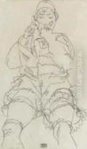 Sitzendes Madchen, Ihren Mund Bedeckend by Egon Schiele