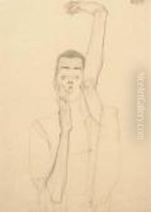 Selbstbildnis Mit Erhobenem Linken Arm Und Rotem Mund by Egon Schiele
