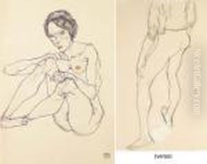 Sitzender Weiblicher Akt (recto); Stehender Mannlichter Akt (verso) by Egon Schiele