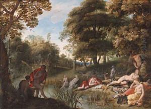 A wooded landscape with Diana and her nymphs resting after the chase by Adriaan van Stalbemt