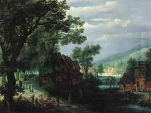 A hamlet by a river, with a swineherd and travellers on a track by Adriaan van Stalbemt