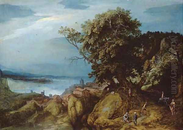 A rocky river landscape with travellers on a path by a town - view 1