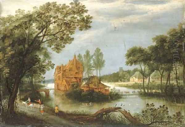 A river landscape with sportsmen shooting from a boat by a farm and peasants on a path - view 1