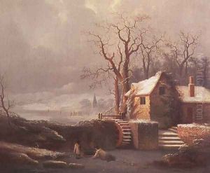 Snow Scene with Mill and Cottages by George, of Chichester Smith