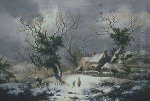 Winter Landscape with Woman and Boy by George, of Chichester Smith