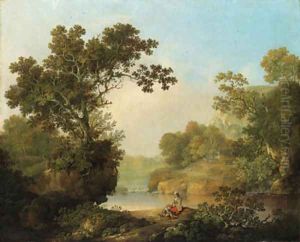 A wooded River Landscape with Figures, a cottage beyond by George, of Chichester Smith