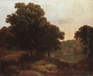 A wooded lake landscape with figures, a cottage beyond by George, of Chichester Smith