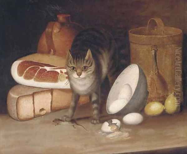 Ham, cheese, eggs, lemons and a cat with a captured mouse - view 1