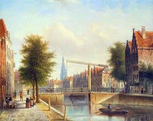 View of a town with figures strolling on a quay
