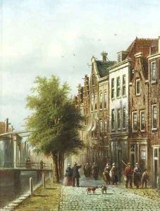 A town view with elegant figures by Johannes Franciscus Spohler