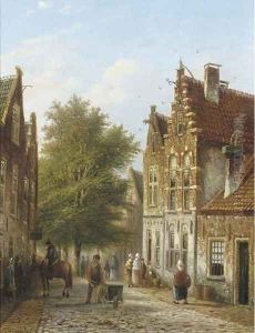 A sunny street in a Dutch town by Johannes Franciscus Spohler