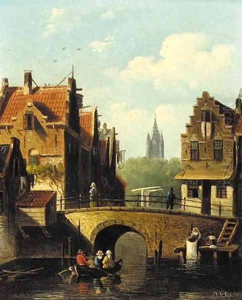 Figures rowing on a Dutch canal - view 1