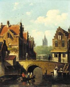 Figures rowing on a Dutch canal