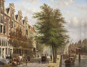 Daily activities along a canal in a Dutch city, Amsterdam
